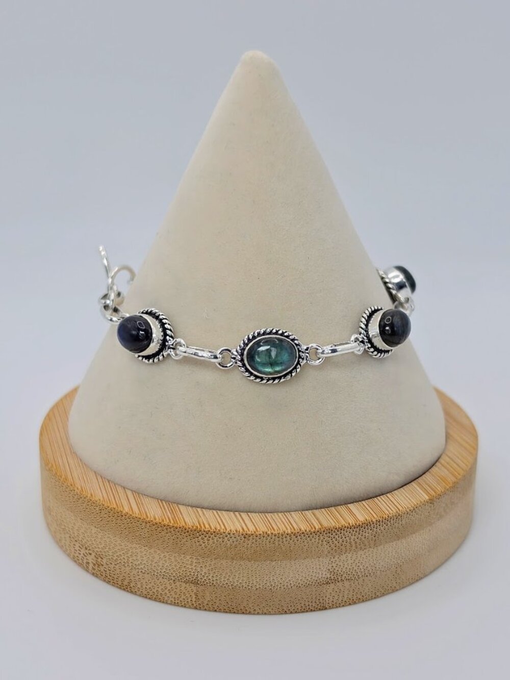 Natural Labradorite Silver Rope Bezel Station Link Bracelet | Toggle Clasp